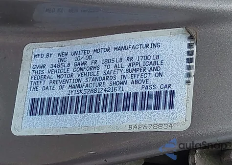 2001 Chevrolet Prizm z USA, uszkodzony, nr VIN 1Y1SK52881Z421671